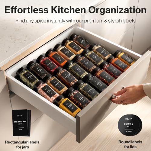 Glass Spice Jars with Label, Seasoning Set, 24x Black Steel Lids