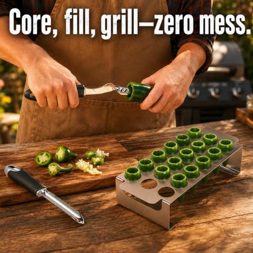 18-Hole Jalapeno Pepper Grill Rack with Corer Set – Stainless Steel Roasting Tray for Oven & BBQ, Includes 2-Piece Pepper & Zucchini Corer Tool, Dishwasher Safe