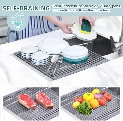 Over Sink Dish Drying Rack Silicone Wrapped 17.6" W x 15.4" L Large Over the Sink Roll Up Dish Drainer - Foldable Sink Drying Rack Rolling Drain Mats Anti-Slip Multipurpose for Kitchen Counter