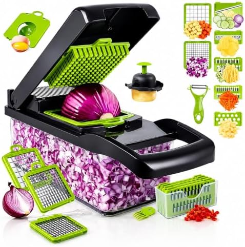 14 in 1 Food Chopper with Container - Vegetable Chopper Dicer Onion Chopper, French Fry Cutter, Mandolin Vegetable Slicer Potato Slicer, Multifunctional Veggie Chopper & Cheese Grater for Kitchen by Unknown