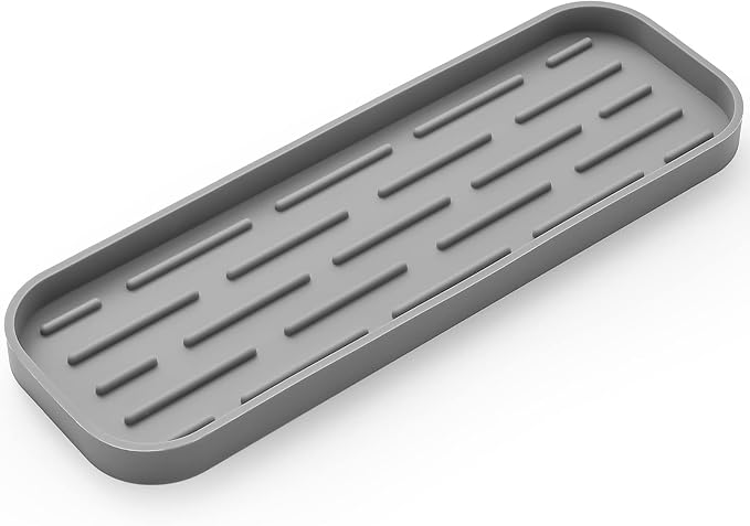 MicoYang Silicone Kitchen Sink Organizer Tray for Multiple Usage,Eco-Friendly Sponges Holder for Kitchen Bathroom Counter or Sink,Dish Soap Dispenser,Scrubber,Bottle,Cup (Grey, 12"×4")