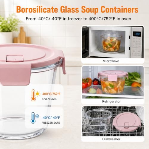 6 Pack 3 Cup/23oz Glass Soup Containers with Lids, Meal Prep Containers