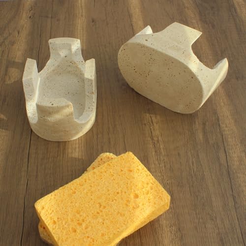 Natural Travertine Marble 2-in-1 Sponge Holder for Kitchen Sink - Heavy Duty Stone Sink Caddy, 2-Slot Scrubber Organizer for Scrub Daddy with Anti-Slip Pads, Housewarming Gift, Beige Travertine