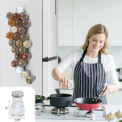 Set of 24 Hexagon Glass Spice Jars with Shaker Lids and Labels for Refrigerator, Kitchen, RV Travel Trailer Magnetic Containers