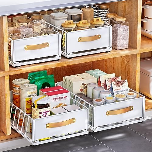 Pull out Cabinet Organizer,Heavy Duty Slide out Pantry Shelves Drawer Storage with Adhesive Nano Film,Sliding Mesh Cabinet Basket with Handle for Kitchen, Bathroom, Home, 9.8"W X 15.7"D X 6.2"H,White