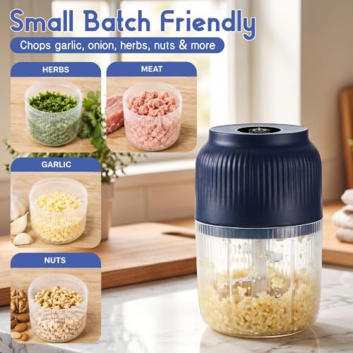 Electric Garlic Chopper, 2026 New Mini Food Processor & Food Chopper for Kitchen, Portable Cordless Garlic Mincer with 4 Stainless Steel Blades, Small Vegetable (300ML White) (Blue 400ML) - Image 3