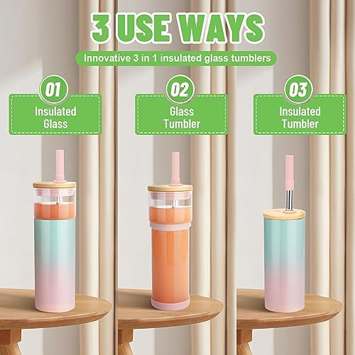 20 oz Vacuum Insulated Glass Tumbler with Lid and Straw - Keeps Drinks Cold for 12 Hrs - Reusable Glass Cup for Iced Coffee, Smoothies & Boba - Sweat & BPA Free, Dishwasher Safe, Fit Car Holder