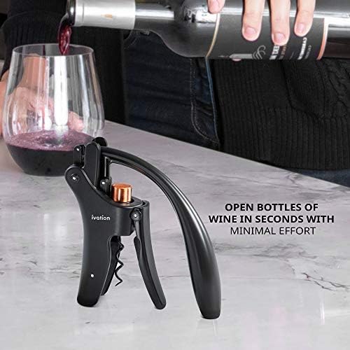 Wine Bottle Opener | Manual Handheld Corkscrew with Ergonomic Lever Pump, Standing Vertical Design, Soft Bottleneck Grip, Nonstick Screw & Easy No-Twist Cork Removal | Black & Bronze Stainless