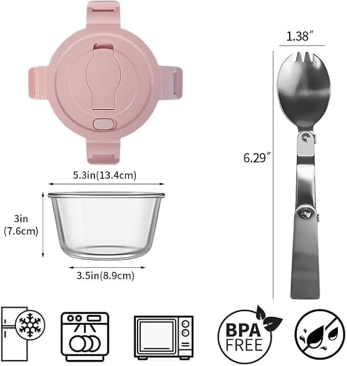 2 Cup Round Glass Soup Container with Lids and Spoons, 16oz Round Food Containers set, BPA-Free Small Borosilicate Glass Meal Prep Bowls for Leftover, Office. Oven, Freezer Safe (4 Pack)