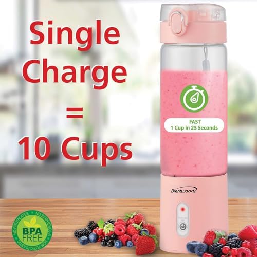 Brentwood 50-Watt 17-Oz. Portable Battery-Operated USB-Chargeable Glass Blender (Pink) - Image 3