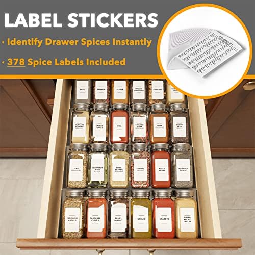 Spice Drawer Organizer with 24 Spice Jars, 378 White Minimalist Spice Labels, 4 Tier Seasoning Rack Tray Insert for Kitchen Drawers, 11.25" Wide x 17.5" Deep