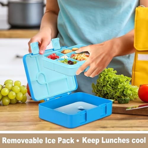 Chill Bento Lunch Box for Kids Adult with Ice Pack,6-Compartment Reusable Leak-proof Lunch Container for Girls Boys to School,Keep Food Cold&Fresh,Dishwasher & Freezer Safe