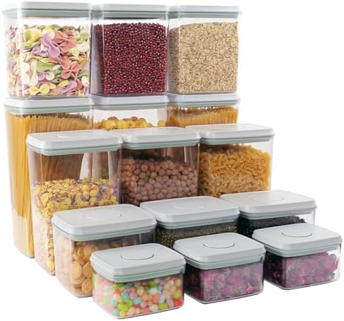 Pop Airtight Food Storage Containers with Lids for Kitchen Pantry Organizing Stackable Container for Cereal Snack Flour Sugar Coffee Spaghetti -15 Pcs(0.5, 1.2, 2.0, 2.7, 3.3qt)*3