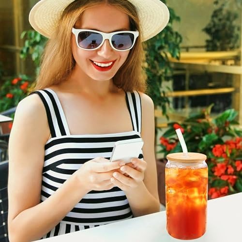 12Pcs Glass Cups with Bamboo Lids and Straws Bulk 16 oz Can Shaped