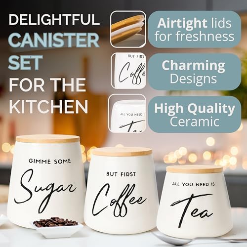Modern Coffee Tea Sugar Container Set, 3 Ceramic Storage Jars, Off-White