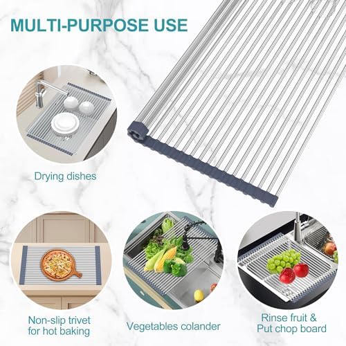 Extra Large Expandable Roll Up Dish Drying Rack,Over The Sink Drying Rack Sink Cover Kitchen Sink Accessories Kitchen Rolling up Stainless Steel Drainer, Foldable,Rollable（Gray，22.8''-12.4''）