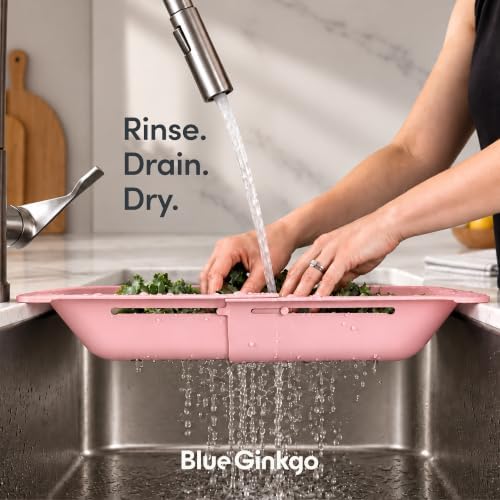 Over Sink Colander, Extendable Kitchen Strainer, Pink