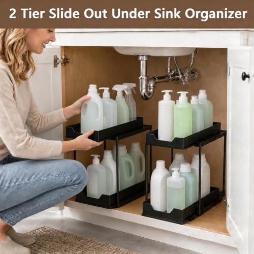 Under Sink Organizer for Bathroom & Kitchen, Large Capacity 2-Layer Sliding