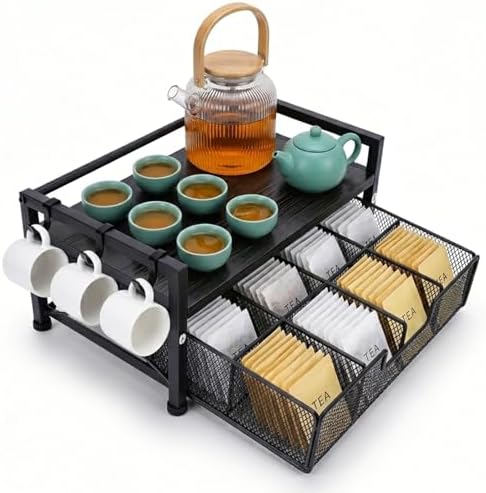 Tea Bag Organizer,Coffee Bar Organizer,Teabag Holder & Coffee Station with Storage Drawer,Wood Tea Station Chest Display Container Box for Countertop Kitchen (Grey)