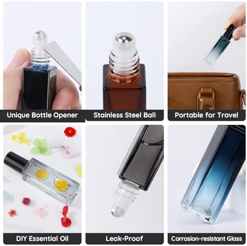 Segbeauty 0.34oz Essential Oil Roller Bottles for Travel, 5 Pack of Glass Roller Bottles Applicator 10ml, Refillable Roll on Bottle in Mixed Color, Travel Perfume Oil Bottle with Dispensing Tool Set - Image 3