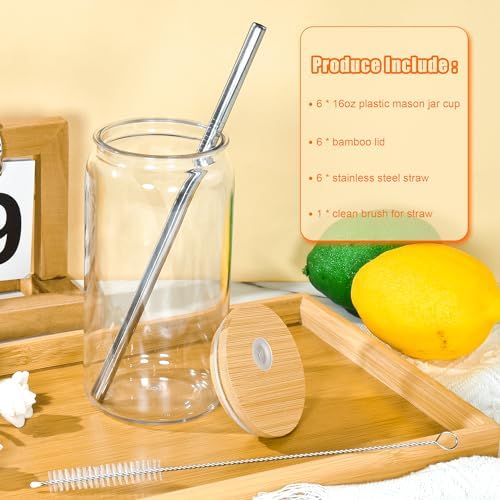 16oz Acrylic Mason Jar Cups, Clear Cups with Bamboo Lids and Straws, Iced Coffee Cup Drinking Glass Tumbler for Whiskey, Soda, Tea, Juice, Gift, 6pcs