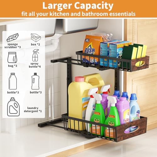 2-Tier Under Sink Organizer with Wooden Drawer Handle, 2 Pack Adjustable Height Pull Out Cabinet Organizer Shelf,Slide out Storage Drawer Rack for Kitchen Bathroom Laundry Room Pantry
