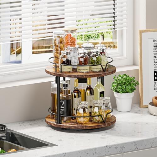 12" Wood Lazy Susan, 2 Tier-Rotating Spice Rack, Rustic Brown