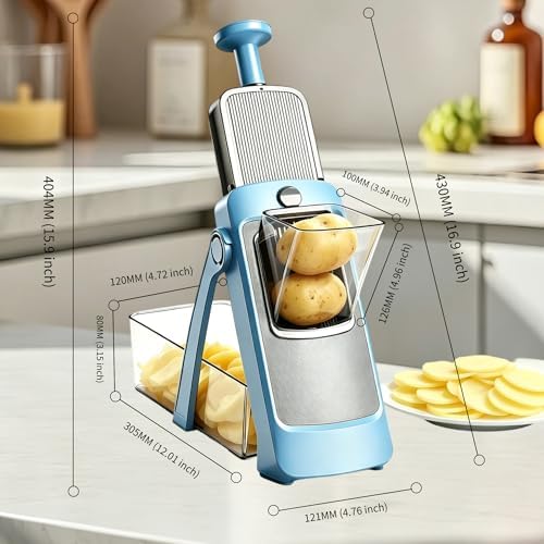 Upgraded Safe Mandoline Slicer for Kitchen, Potato Slicer for Chips, Multi Vegetable Chopper with Drain Basket Storage Container, Thickness Adjustable Versatile Faster Slice Artifact (Blue) - Image 3