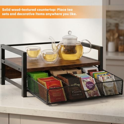 Tea Bag Organizer with 6 Compartments, Extra Large Countertop Tea Holder