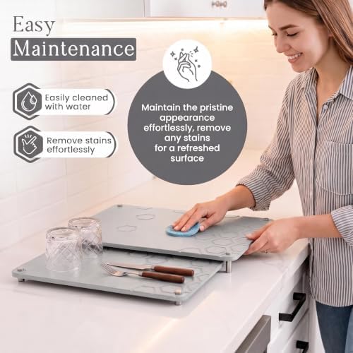 2 Pack Diatomaceous Earth Dish Drying Mat, Rapid Absorbing Drying Stone Mat with Non-Slip Rubber Feet, Nestable Stone Dual Size Kitchen Counter Drying Pad Set (White)