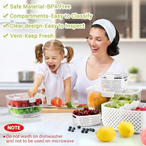 Fresh Produce Vegetable Fruit Storage Containers 3Piece Set, BPA-free, Partitioned Salad Container, Fridge Organizers, Used in Storing Fruits Vegetables, White