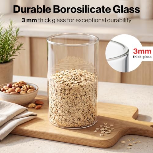 Glass Pantry Storage Jars Containers with Black Lids and Labels - Set of 5