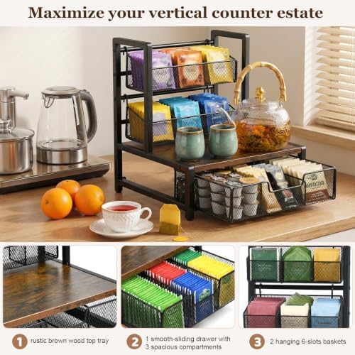 3 Tier Coffee Station Organizer with Drawer and Hanging Baskets, Wood & Metal Large Capcity Coffee Bar Organizer for K Cups, Coffee Pods, Tea Bags, Sugar Packets, Countertop Storage Rack