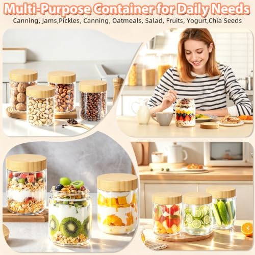 Overnight Oats Containers with Bamboo Lids, 16 oz Leakproof Glass Jars