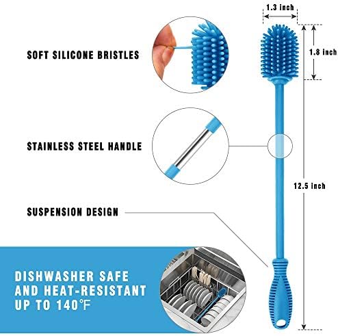 Silicone Bottle Brush with Long Handle, 12.5" Bottle Cleaning Brush, Blue - Image 4