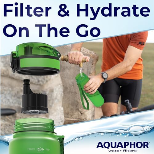 Filtered Water Bottle, Leakproof, BPA-Free, Motivational Markings, Travel, Everyday Use. 40-Gallon Filter, Replaces 300 Plastic Water Bottles. Includes 1 Filter, 22 FL Oz, Green by Aquaphor