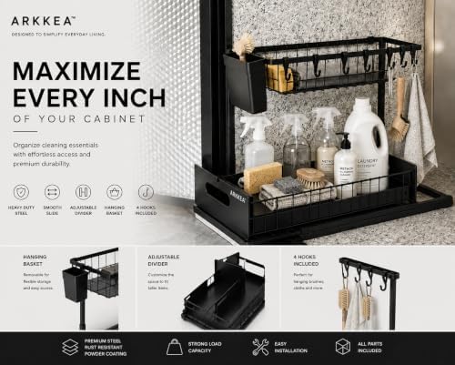 2-Tier Under Sink Organizer, Pull-Out Sliding Drawer, Heavy Duty Metal Storage Rack with Hooks, Hanging Basket & Adjustable Divider for Kitchen and Bathroom