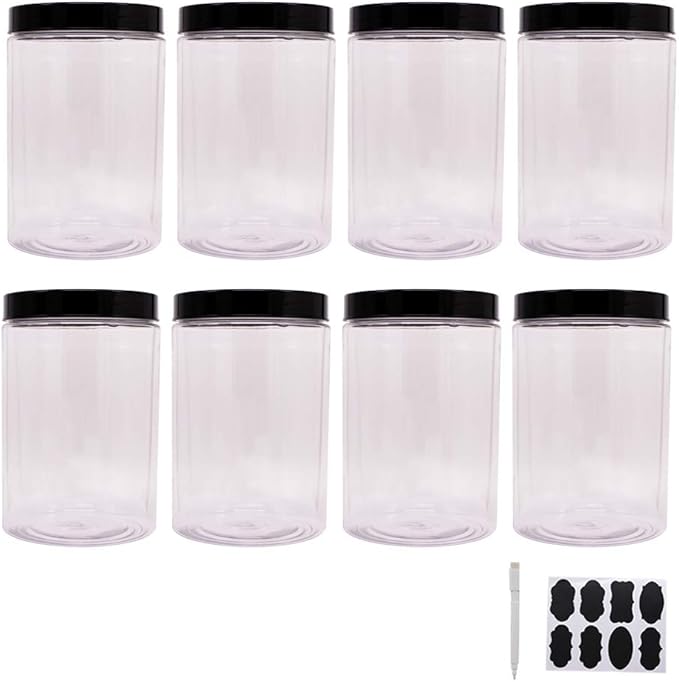 zmybcpack 8 Pack 25 oz Plastic Jars With Lids, Extra Labels, 1 Pen, Clear PET Seal Jar for Food Storage,Wide Opening Storage jar For Dry Food, Peanut, Powder, Kitchen & Craft Storage