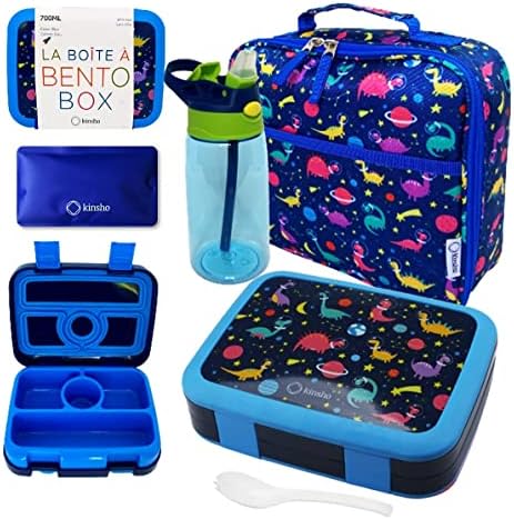 Kids Bento Lunch Box with Bag, Water Bottle & Ice Pack, Blue Dino