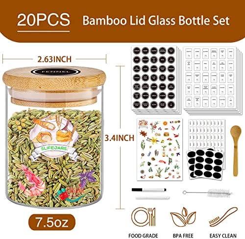 Spice Jars with Label, 7.5 oz 20pcs Spice Containers Glass Jars with Bamboo Lids, Seasoning Containers Bottles,Airtight Empty Spice Jars for Spice Rack, Drawer,Cabinet,Pantry