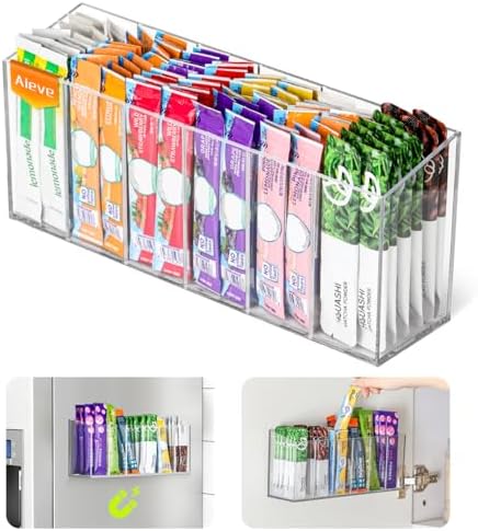 Drink Packet Organizer, Mountable Water Packet Organization Holder with Adhesive & Magnetic Sticker, Pantry Organizers Kitchen Storage for Countertop Table Fridge Cabinet