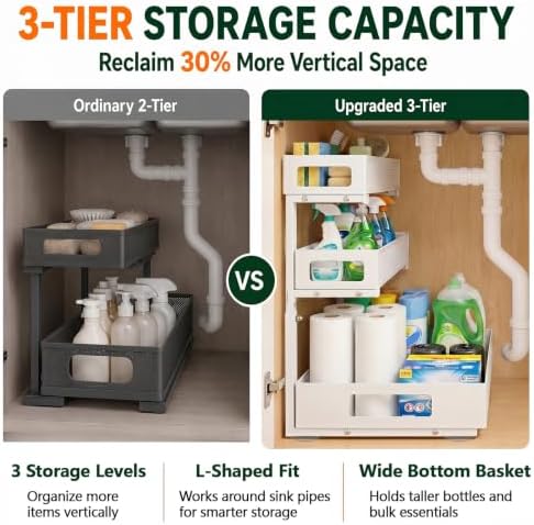 3 Tier Under Sink Organizer for Bathroom, Pull Out Drawers, 2 Pack