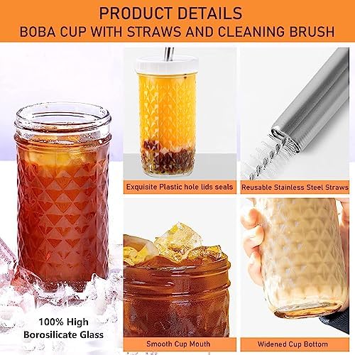 2 Pcs 24oz Glass Cups Set, Mason Jar Drinking Glasses with Lids and Straws & 2 Airtight Lids, Cute Reusable Smoothie cups, Iced Coffee Cups, Travel Tumbler for Bubble Tea, Juice, Gift