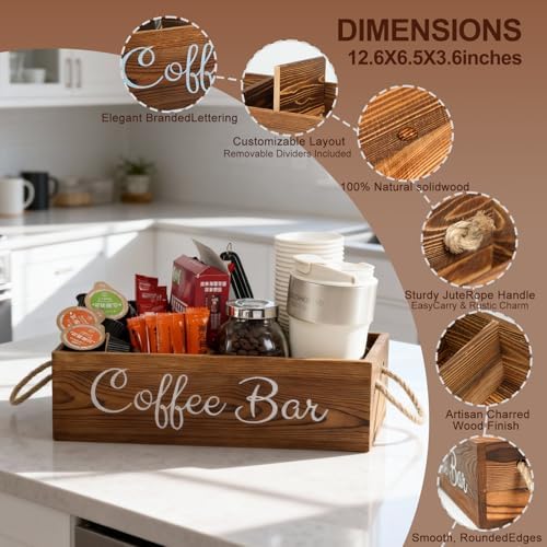 Coffee Station Organizer with Small Removable Dividers, Wooden Coffee Bar Accessories Storage For Countertop, Farmhouse Kcup Coffee Pod Holder Basket With Handle For Coffee Lover