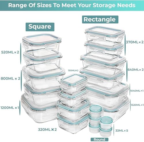 35 Pc Set Glass Food Storage Containers with Lids - Meal Prep Airtight Bento Boxes BPA-Free 100% Leak Proof (15 lids,15 glass & 5 Plastic Sauce/Dip Containers)