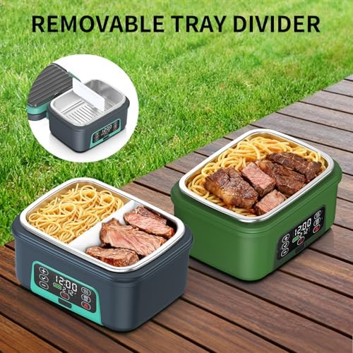 Cordless Electric Heated Lunch Box, 1.5L - 6.3 Cups 100W Rechargeable Smart Self-Heating Food Warmer with Removable Divider, Spoon, Fork, BPA Free, Portable Lunchbox for Car Travel Office Lake Green