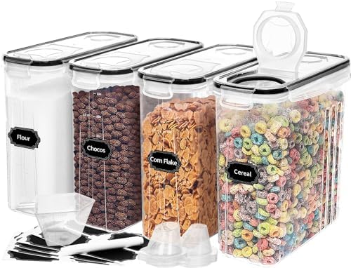 4PCS Cereal Containers Storage [4L/135.2 oz], Airtight Food Storage Containers with Pour Spout for Kitchen & Pantry Organization Storage, Plastic Cereal Dispensers, Measuring Cup & 20 Labels