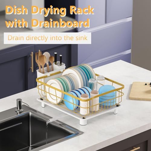 Metal Dish Drying Rack Automatic Drainage, Gold, Large