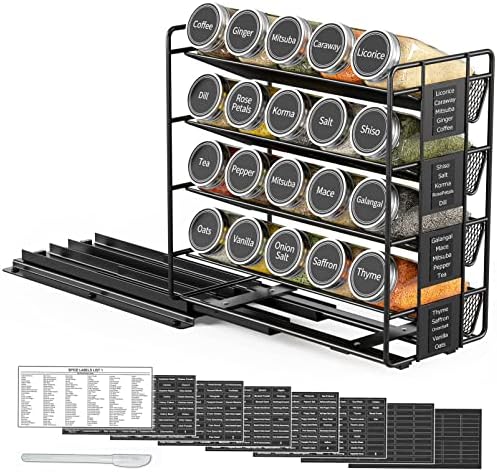 Pull Out Spice Rack Organizer with 20 Jars, Heavy Duty Slide Out Seasoning Organizer for Kitchen Cabinets, with 801 Labels and Chalk Marker, Left Facing