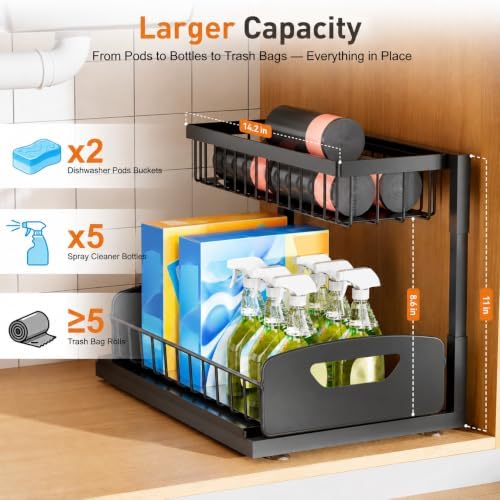 Under Kitchen Sink Organizer, Metal Pull Out Bathroom Organizers and Storage, 2-Tier Cabinet Organizer Shelf with Sliding Drawer, Home Organization for Kitchen, Laundry, Pantry, Black, 2 Pack